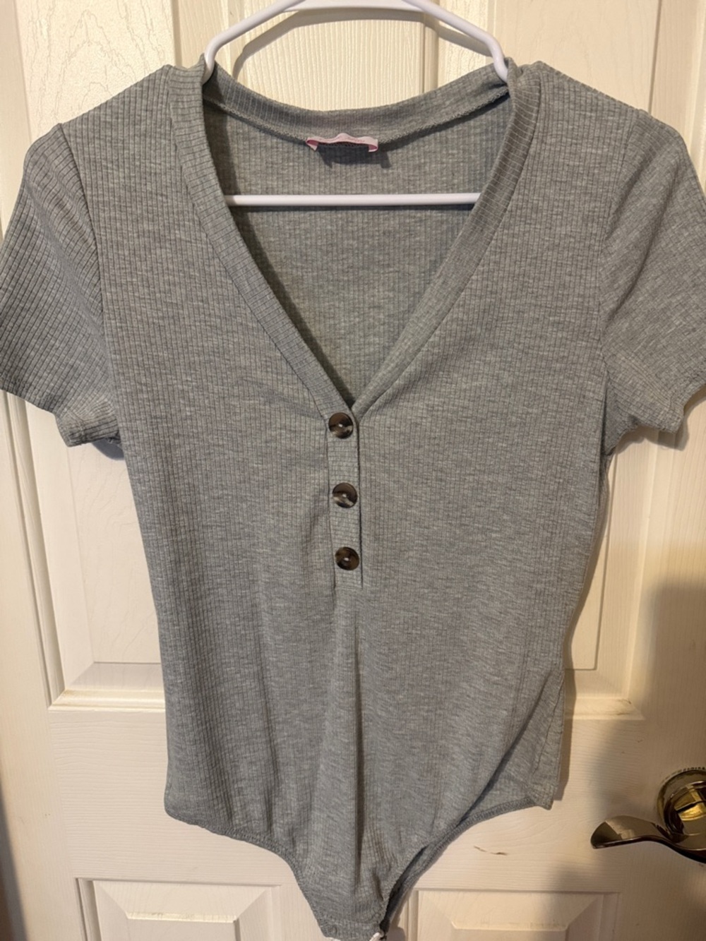Pink Lily Heather Gray Ribbed V-Neck Button Bodysuit